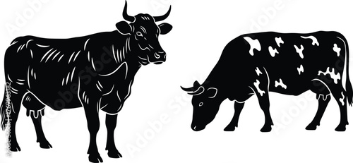 Silhouettes of a standing milk cow and a grazing dairy cow with distinct horns and udder details