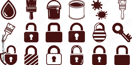 Simple flat style vector illustrations depicting various painting tools and secure lock mechanisms