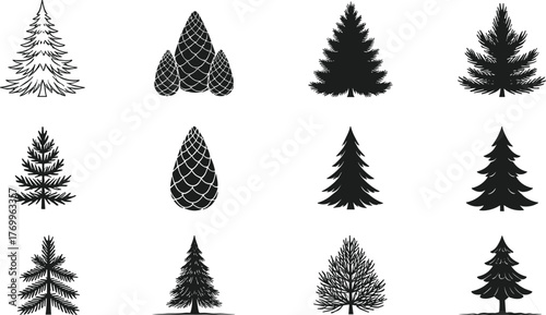 PrintPine tree silhouettes, evergreen forest icons, fir and spruce trees, nature vector set, woodland illustration, conifer tree shapes, black design elements