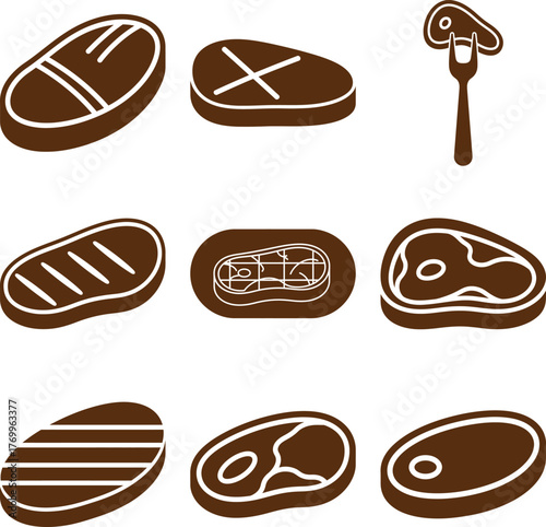 Stylized flat icons depicting various cuts of grilled meat steaks and one piece on a fork