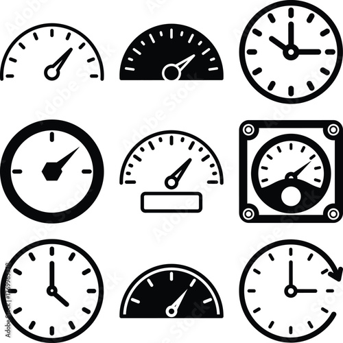 Varied set of circular timekeeping clocks and half circle measurement gauges with pointers