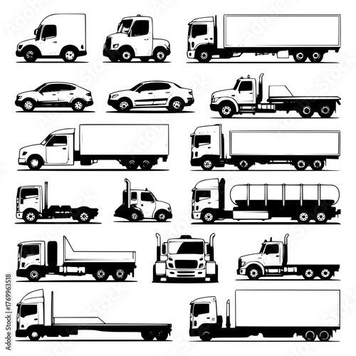 Diverse Commercial Vehicle Illustration Pack: Detailed Truck, Semi, and Cargo Transport Graphics