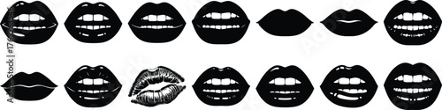 Various human mouth and lip silhouettes displaying different expressions and a distinctive kiss print mark
