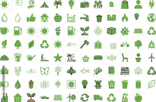 Vector set of environmental and eco friendly icons illustrating natural resources and sustainable living concepts