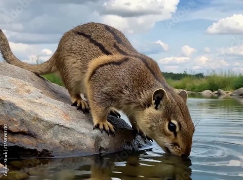 A small, striped chipmunk is perched on a large, smooth rock at the edge of a stream, drinking water from the surface.