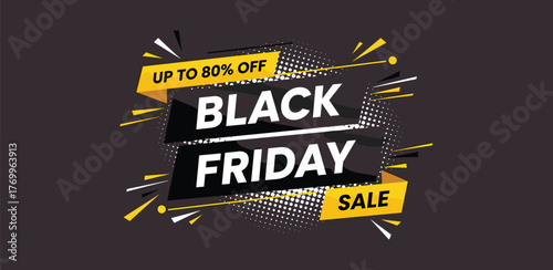 Black Friday Sale Banner with Up to 80% Off in Yellow and Black Colors, Discount Promotion Concept