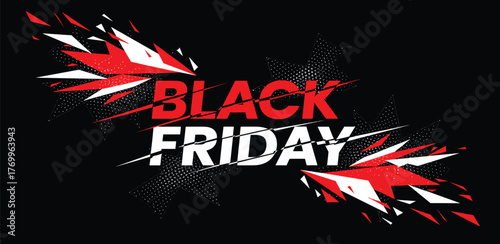 Black Friday Sale Advertisement with Abstract Geometric Elements in Red and White Colors