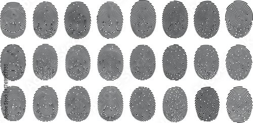 A grid of unique human fingerprints displaying various patterns and whorls for biometric identification systems