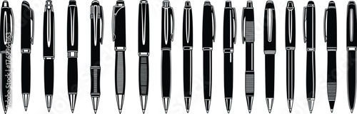 A series of distinct writing pens and ballpoint pens lined up, showcasing various designs for stationery