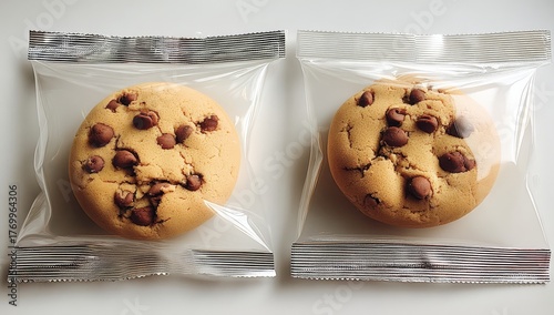 Two chocolate chip cookies in clear plastic bags overhead studio shot healthy snack sweet treat