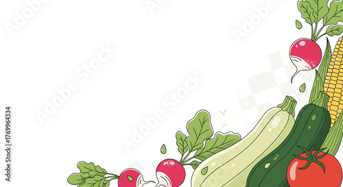 A vibrant illustration of fresh garden vegetables like radishes, zucchini, corn, and a tomato, creating a decorative corner frame on a white background.