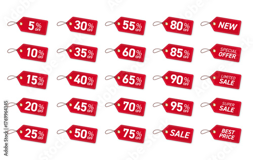 赤いセールタグ・割引アイコンセット（25種類・リアルデザイン）