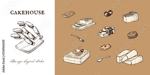 Illustration of sponge cake type collection set element hand drawn vintage for poster, content, promotion, menu, banner, and sticker brand identity