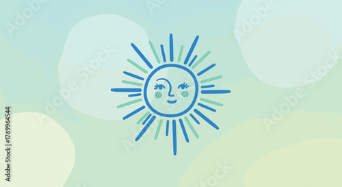 A cheerful, whimsical cartoon sun illustration with a smiling face and radiating rays in shades of blue and green, set against a soft, gradient background.