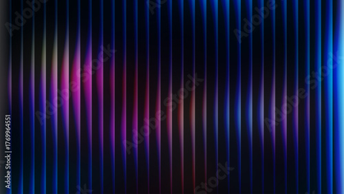 Wavy reeded glass stripes background, vertical neon blue and magenta lines on dark gradient with glossy glow for modern wallpaper, banners, posters, and tech headers