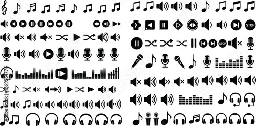 Collection of musical notes, audio playback controls, volume settings, and equalizer bar icons for multimedia applications