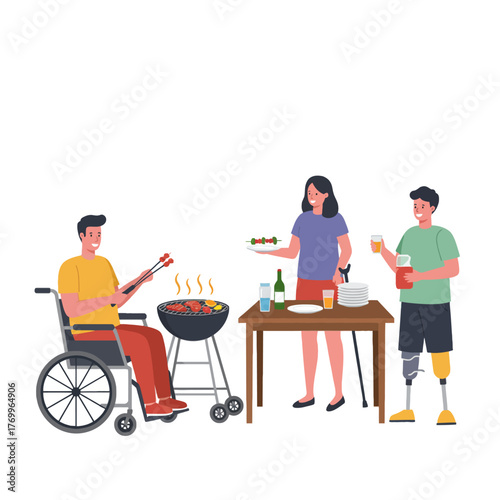  A joyful backyard cookout scene featuring disabled people grilling food in simple pastel 2D style on white.
