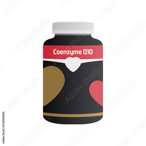 Color vector of Coenzyme Q10 supplement bottle with heart-shaped label, representing energy, vitality, and antioxidant nutrition in modern flat design.