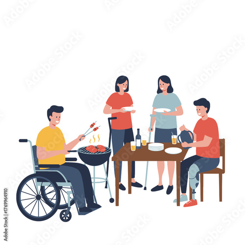 Disabled adults grilling, preparing food outdoors. Accessible daily life illustration in pastel colors.

