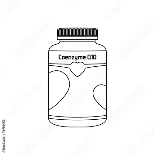 Outline vector illustration of Coenzyme Q10 supplement bottle with heart motif, simple and clean design ideal for education, labeling, or medical graphics.