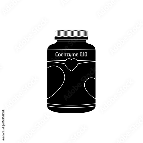 Black silhouette vector of Coenzyme Q10 supplement bottle with heart symbol, perfect for minimal healthcare branding or nutrition logo design.