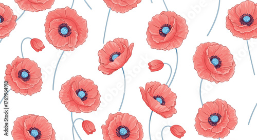 A beautiful seamless pattern of vibrant coral poppy flowers with striking blue centers and delicate stems against a clean white background.