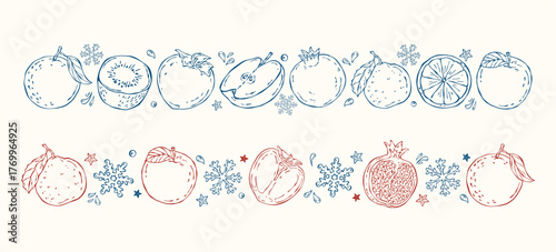 Hand-drawn vector borders with winter fruits such as mandarin, orange, pomegranate, persimmon, kiwi, and apple decorated with snowflakes, stars, and drops for Christmas food design