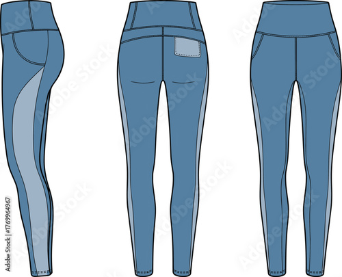 High-waisted leggings fashion illustration, side panel and waistband pocket detail in front, back, side views, cad drawing flat vector illustration