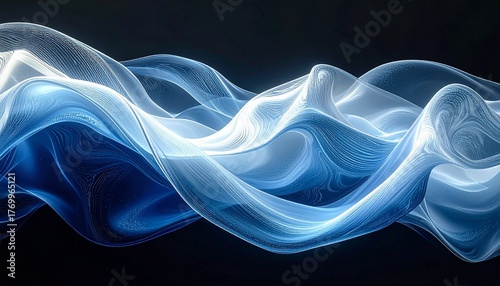 Dynamic Blue and White Abstract Fluid Waves with Subtle Textures and Dark Backdrop flowing