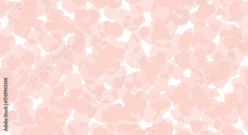 Delicate light pink hearts are randomly scattered and overlapping on a white background, forming a charming and romantic seamless pattern.