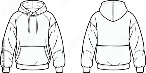 Hooded sweatshirt technical illustration, raglan sleeve hoodie with kangaroo pocket and drawstring detail, cad drawing flat vector illustration