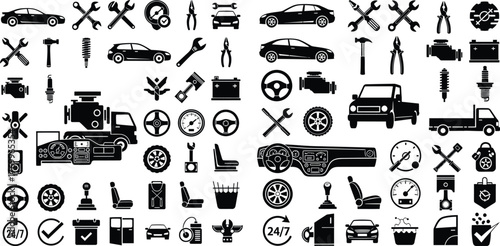 Extensive collection of automotive vehicles, repair tools, and car parts as flat silhouettes for industry use
