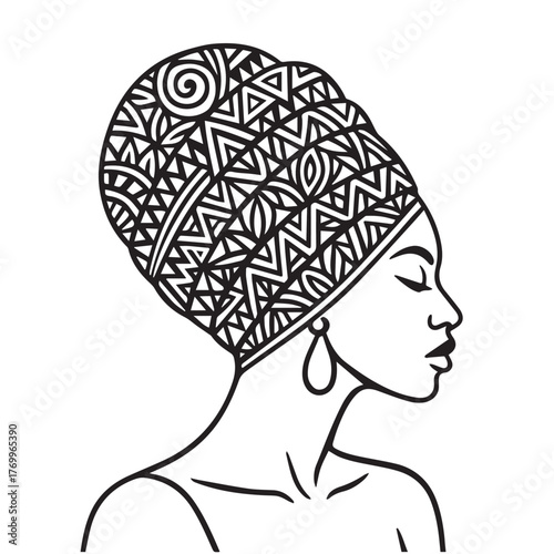 Elegant vector illustration of an African lady with turban and headband, side profile view, symbolizing cultural pride and womanhood, ideal for Women’s Day, black and white.