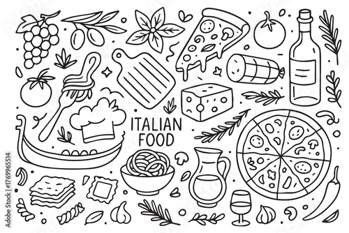 Black and white doodle vector background with funny Italian food patterns, including garlic, pizza, pasta bowls, and olive oil bottles, perfect for cheerful culinary-themed artwork.