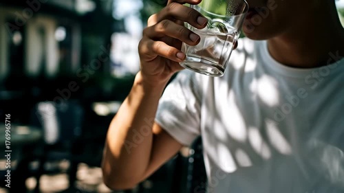 Refreshing Hydration: A Man Drinking Water Outdoors