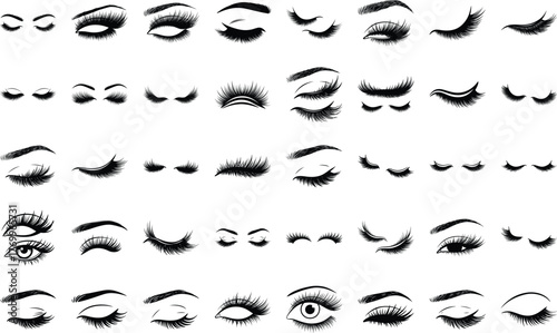 Extensive collection of stylized eyes with various eyelash and eyebrow forms depicting different expressions