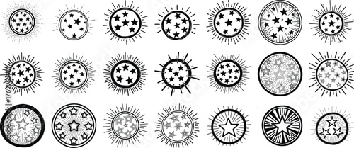 Hand drawn collection of celestial starbursts with various star counts inside circular shapes