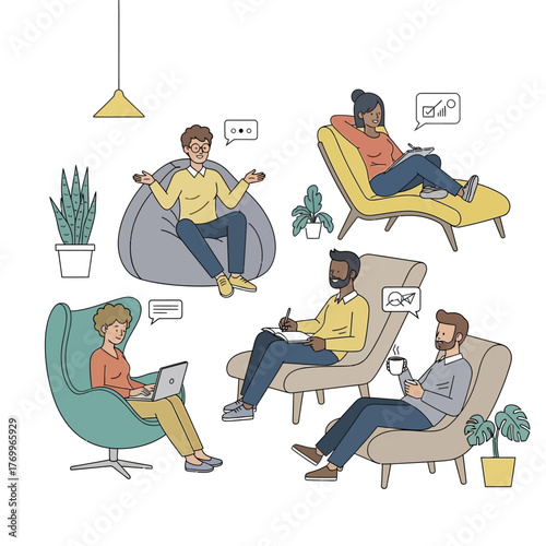Diverse individuals participating in a group therapy session illustration.