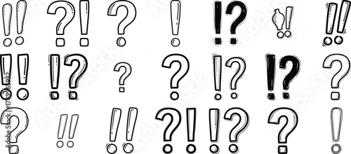 Hand drawn collection of question marks and exclamation points in various artistic and textured styles