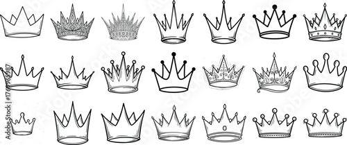 Hand drawn royal crown line art collection for king and queen themed designs