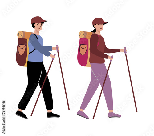 vector illustration of a young couple hiking carry backpack together