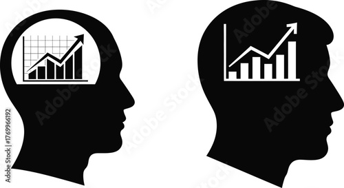 Male head silhouettes with upward trending bar and line graphs, symbolizing business growth and analytical thinking