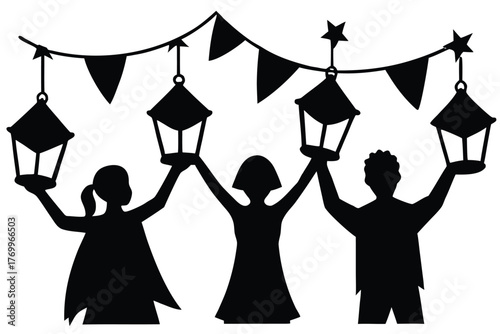 Silhouette of children celebrating with lanterns and flags, festive mood