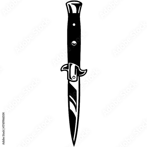 Sleek  Stiletto Stark Tattoo Stencil Vector, Classic Switchblade Dagger, Upright, Bold Black Fills, Sharp White Outlines