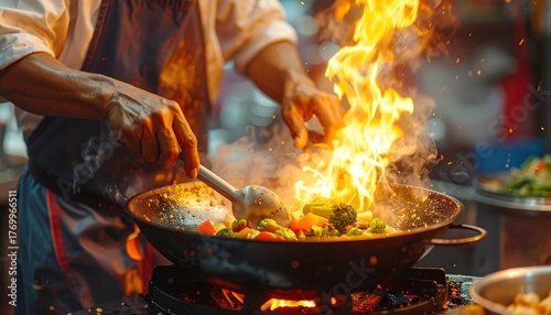 Close-up cinematic shot of a street vendor’s hands stirring vegetables in a hot wok, flames rising, oil sizzling, realistic street food atmosphere, shallow depth of field