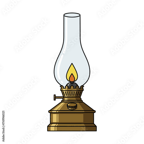 Vintage kerosene lamp with a burning flame illustration.