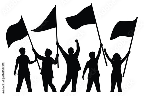 Silhouette of a group of people protesting with flags