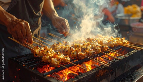 Detailed footage-style close-up of juicy satay skewers grilling over hot coals, vendor’s hands rotating them, smoke and glowing orange firelight