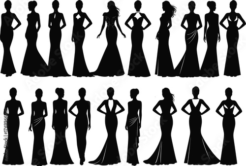 Evening gown silhouettes collection, elegant dress styles, fashion design vector, formal wear sketch, apparel illustration, cad drawing flat vector illustration