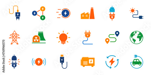 Electricity transmission and usage icon set. Solid vector icons representing power lines, plugs, outlets, and energy consumption.
